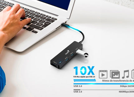 HUB Genius RS2 UH-400 | 4 Puertos USB 2.0 | Alámbrico | Compacto y portátil | Color Negro