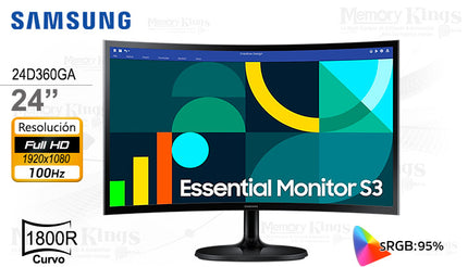 Monitor Samsung Essential S3 LS24D366GANXZA | 24” Curvo | FHD 1920x1080 | 100Hz