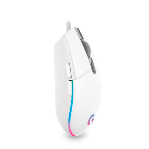 Vista lateral del mouse Logitech G203 mostrando diseño ergonómico