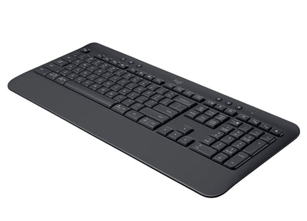 Vista lateral del teclado Logitech K650 mostrando perfil alto y grosor del dispositivo