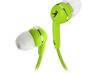 Audífonos Genius HS-M320 verdes mostrando micrófono integrado y almohadillas de silicona