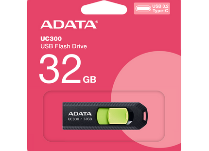 Memoria USB ADATA UC300 | 32GB | USB 3.2 Gen 1 Tipo-C | Hasta 100 MB/s | Diseño Retráctil | Negro/Verde | ACHO-UC300-32G-RBK/GN