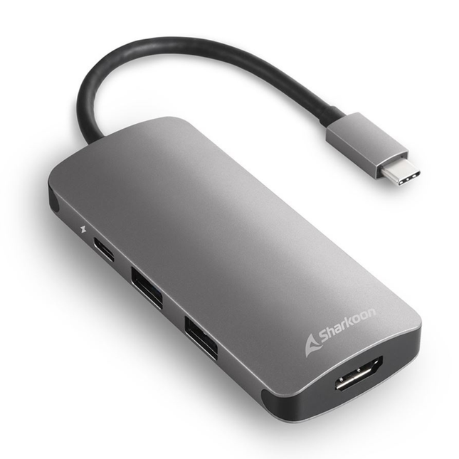 Hub Sharkoon USB 3.0 Type-C Multiport Adapter | Gris | 3x USB-A + HDMI 4K + Micro SD/MMC | USB-C carga hasta 100 W