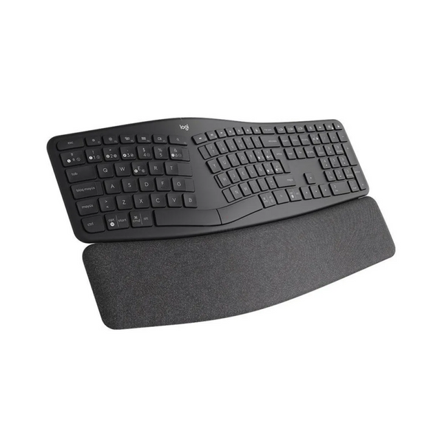 Vista lateral del Teclado Logitech K860 mostrando altura ajustable y perfil ergonómico
