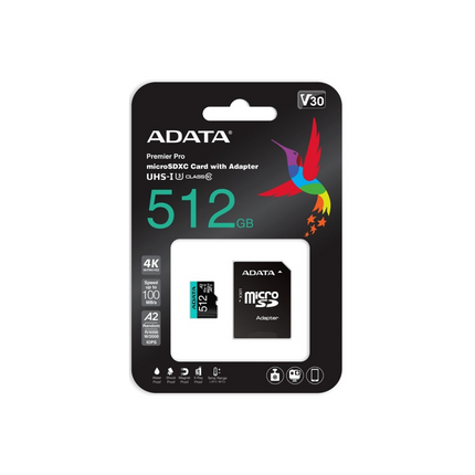 Memoria Micro SDXC ADATA | 512GB | UHS-I U3 V30 A2 | 100MB/s lectura | 4K | Con adaptador SD