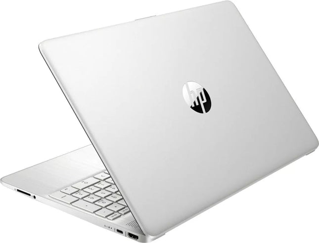 Laptop HP plateada vista lateral mostrando puertos y conectores