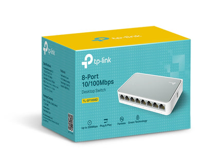 Switch de red TP-Link TL-SF1008D vista lateral con entrada de corriente DC