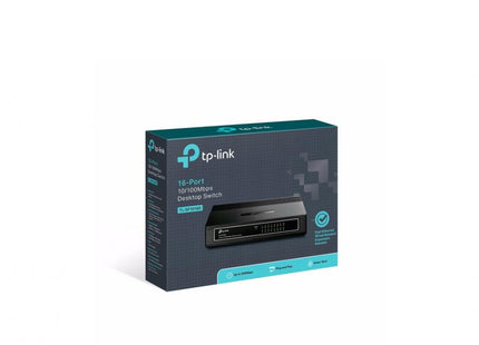 Switch TP-Link TL-SF1016D de 16 puertos Fast Ethernet vista frontal con puertos RJ-45 y LEDs indicadores