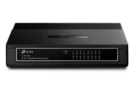 Switch de red TP-Link TL-SF1016D vista lateral mostrando diseño compacto negro para montaje en rack