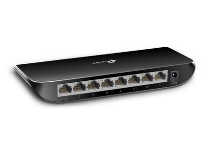 Switch TP-Link TL-SG1008D de 8 puertos Gigabit Ethernet vista frontal con puertos RJ-45