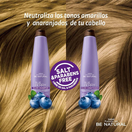 Shampoo Blue Berry Silver Placent Life | 350ml | Matizante para cabellos rubios o con canas | Neutraliza tonos amarillentos