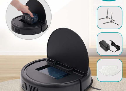 Robot aspiradora 2 en 1 en funcionamiento sobre piso de casa limpiando automáticamente