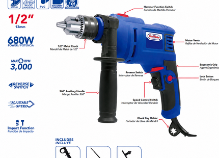 Best Value Taladro Percutor 1/2" 680 W 0-3000 RPM 120 V, H27005
