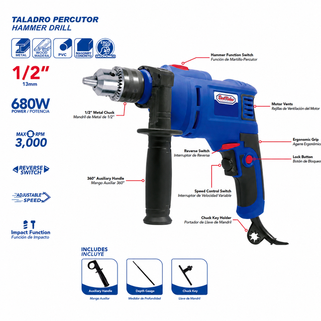Best Value H27005 Taladro Percutor 1/2" 680 W 0-3000 RPM 120 V
