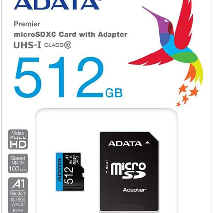 Memoria Micro SDXC ADATA | 512GB | Clase 10 | UHS-I U1 A1 | 100MB/s lectura | AUSDX512GUICL10A1-RA1