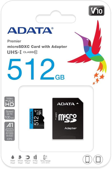 Memoria Micro SDXC ADATA | 512GB | Clase 10 | UHS-I U1 A1 | 100MB/s lectura | AUSDX512GUICL10A1-RA1
