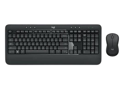 Vista lateral del set Logitech MK540 mostrando altura ajustable del teclado y perfil del mouse