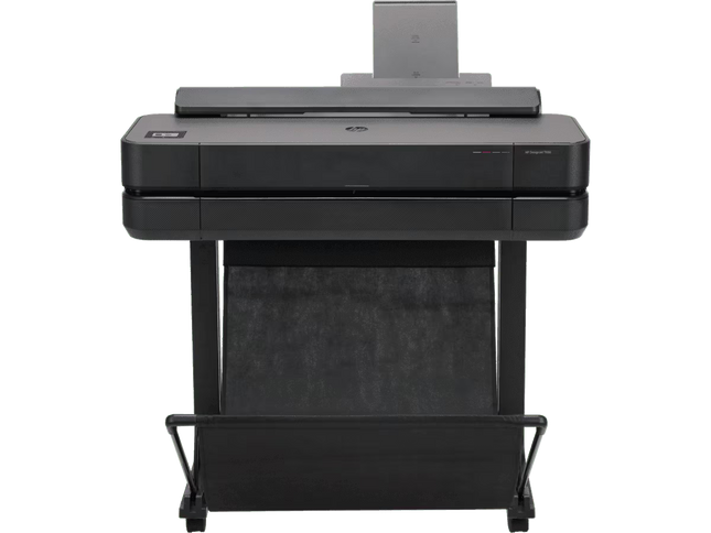 Impresora HP DesignJet T650 24 pulgadas vista frontal completa con bandeja de papel