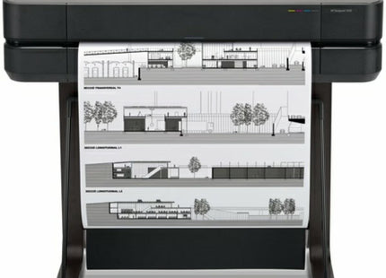 Vista lateral izquierda impresora HP DesignJet T650 mostrando alimentador automático de hojas