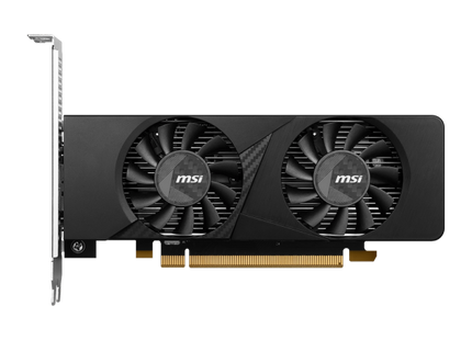 Vista en ángulo MSI RTX 3050 LP instalada en motherboard