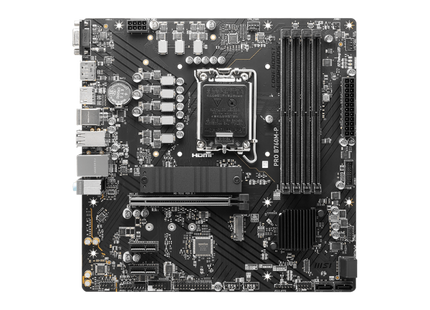 Tarjeta madre MSI PRO B760M-P vista diagonal mostrando capacitores y chipset