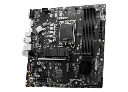 Motherboard MSI PRO B760M-P mostrando conectores de alimentación y slots PCIe