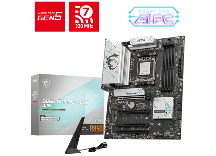 Tarjeta madre MSI B850 Gaming Plus WiFi formato ATX vista angular