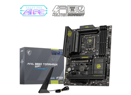 Vista diagonal MSI B860 TOMAHAWK mostrando disipadores térmicos