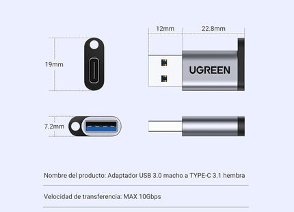 Adaptador USB UGREEN US276 completo mostrando ambos conectores
