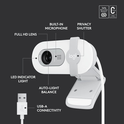 Cámara Web Logitech Brio 100 | Full HD 1080p | Micrófono Integrado | Color Blanco
