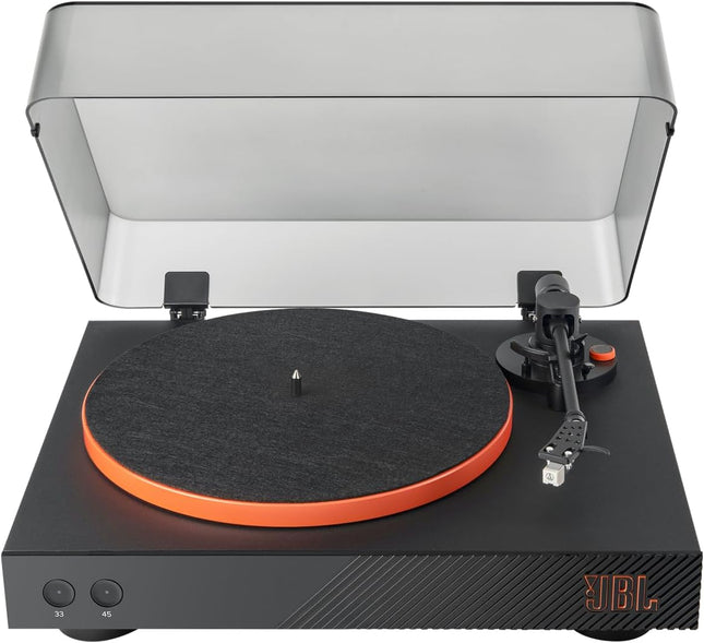 Tocadiscos JBL Spinner BT negro vista frontal con cubierta antipolvo