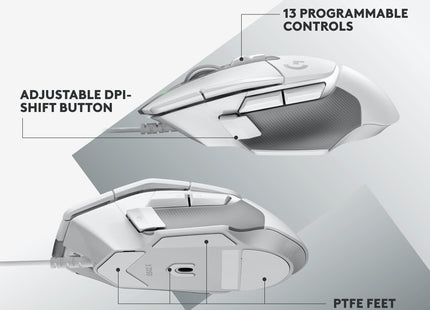 Mouse G502 X vista posterior mostrando cable trenzado y conector USB para PC
