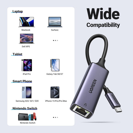 Adaptador UGREEN CM199 | USB-C a Ethernet | 10/100/1000Mbps | Gigabit | Gris