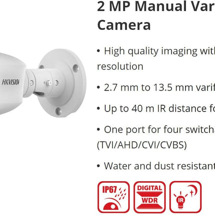 Cámara de Seguridad Analógica Hikvision DS-2CE19D0T-VFIT3F | 2MP | 2.7-13.5mm | Varifocal | Bullet Metal&Plástico | IP67