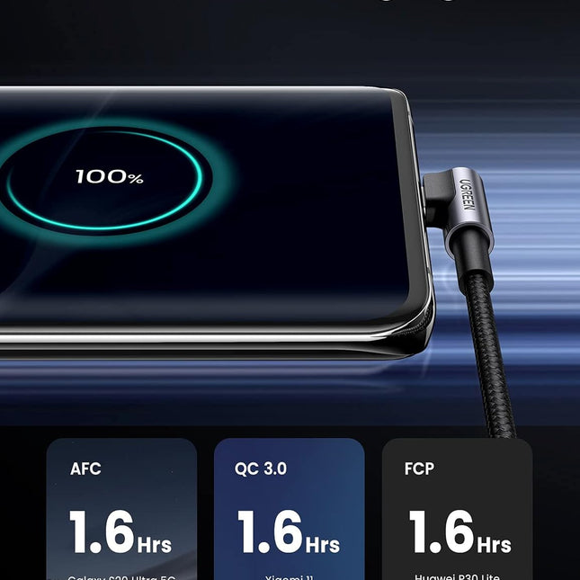 Cable UGREEN US284 | USB-A a USB-C | Ángulo Recto | 2 Metros | Carga Rápida | Gris