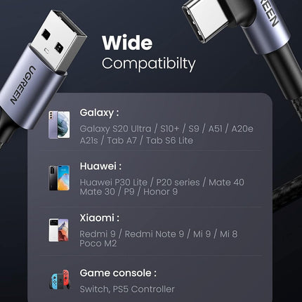 Cable UGREEN US284 | USB-A a USB-C | Ángulo Recto | 2 Metros | Carga Rápida | Gris