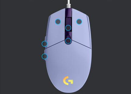 Mouse Gaming Logitech G203 en ángulo diagonal con efectos RGB activos