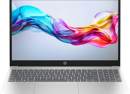Laptop HP 15-fd0777nr plateada vista frontal con pantalla abierta 15.6 pulgadas