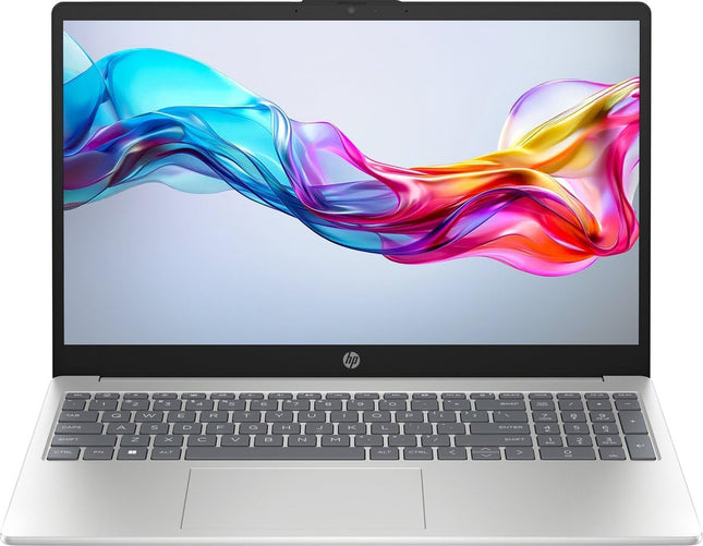 Laptop HP 15-fd0777nr plateada vista frontal con pantalla abierta 15.6 pulgadas
