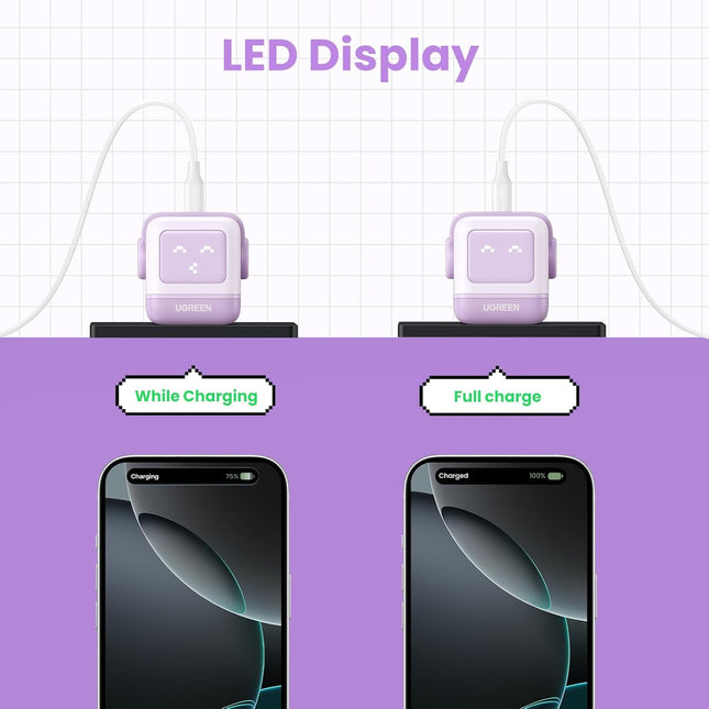 Vista frontal del cargador UGREEN CD359 con puerto USB-C y acabado púrpura