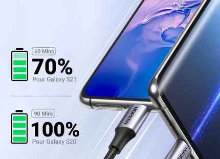 Vista lateral del cable UGREEN US288 mostrando conectores USB-A y USB-C macho
