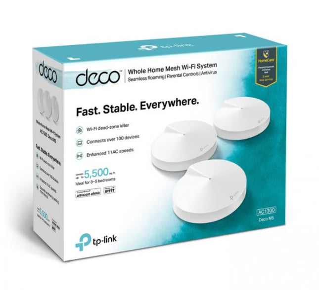 Sistema WiFi TP-Link Deco M5 3Pack AC1300 vista frontal con tres unidades mesh