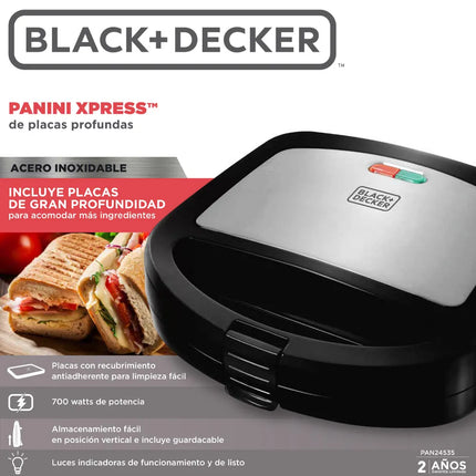 Sandwichera Panini Xpress Black+Decker PAN24535 | 700 W | Placas Profundas Antiadherentes | Acero Inoxidable