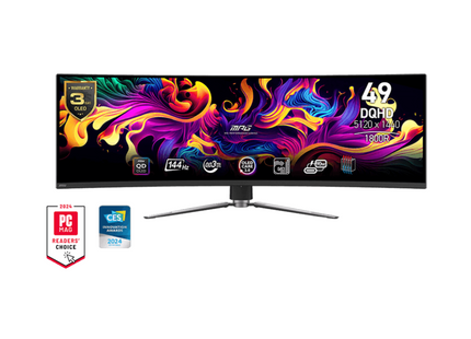 Monitor MSI MPG 491CQP QD-OLED de 49 pulgadas vista frontal con pantalla encendida