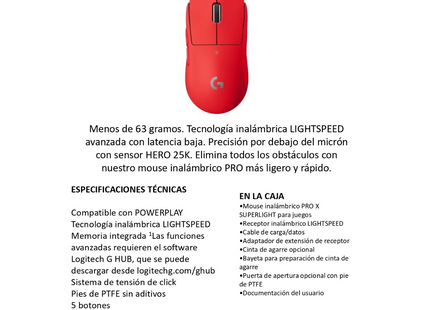 Mouse Logitech G Pro X Superlight | Inalámbrico | Sensor HERO 25K | Receptor USB