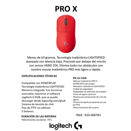Mouse Logitech G Pro X Superlight | Inalámbrico | Sensor HERO 25K | Receptor USB