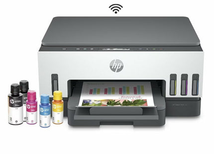 Impresora HP Smart Tank 720 vista frontal con pantalla LCD y controles
