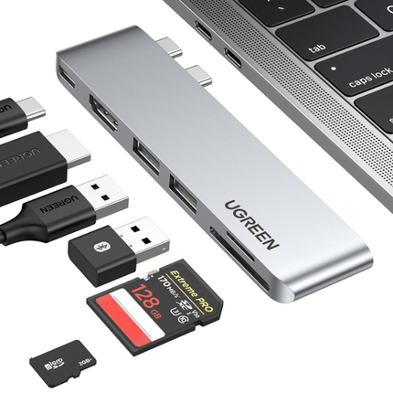 Hub UGREEN CM380 Multifuncional USB-C | 2 Puertos USB 3.0 | HDMI | Lector de Tarjetas SD/TF | Plateado