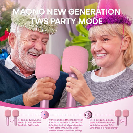 Micrófono Inalámbrico Maono MKP100‑R | Bluetooth | Karaoke 3‑en‑1 | 8 Efectos de Voz | Altavoz Integrado