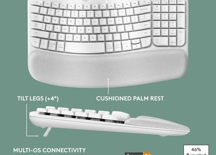 Teclado Logitech Ergo Wave Keys vista superior con teclas ABS de perfil bajo y diseño curvado